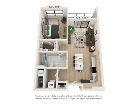 Floor plan for 1 bed, 1 bath, 765 sqft